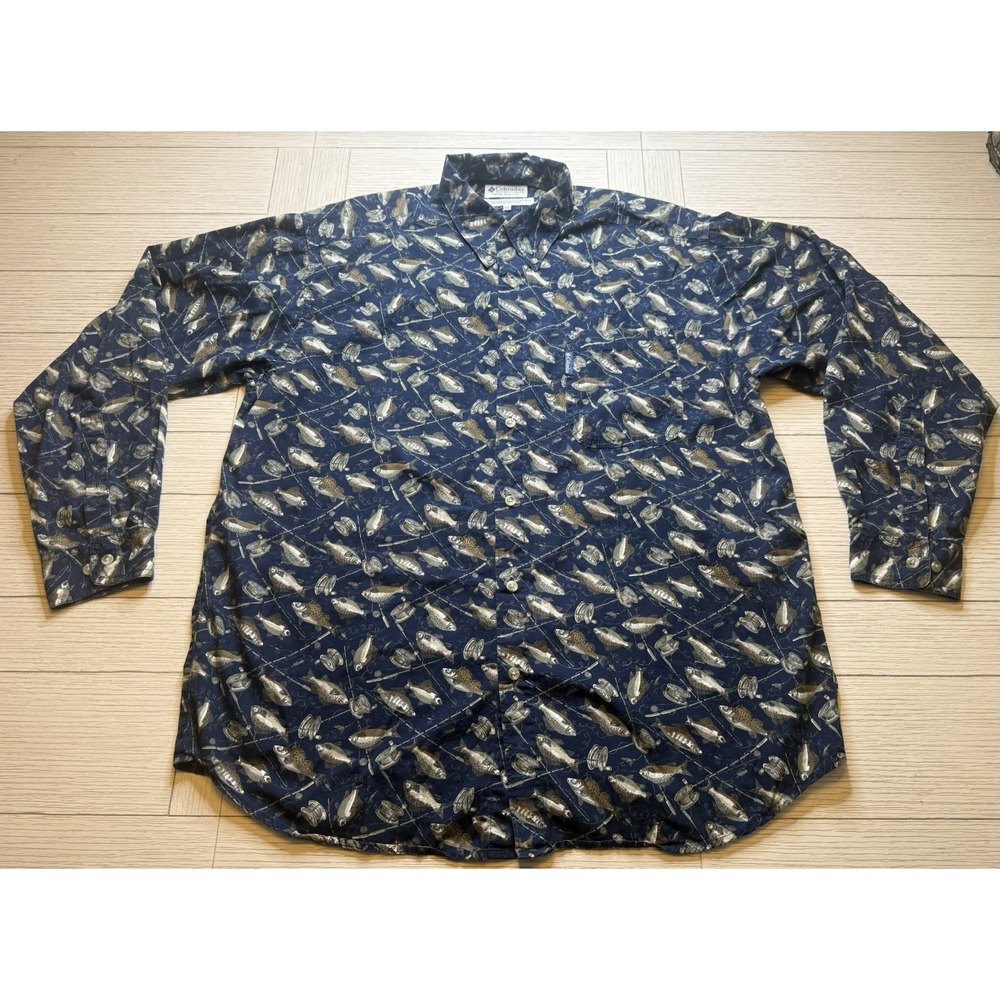 Columbia Button Up Mens Long Sleeve Shirt Navy Allover Fish Rod Reel Print XL
